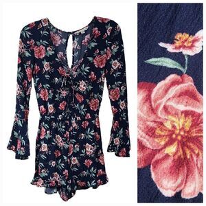 American Eagle Blue Floral Romper Long Bell Sleeve Boho Rose Crepe Cinch V-Neck